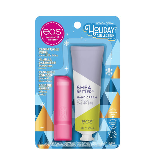 EOS HOLIDAY SKINCARE SET - VANILLA CASHMERE HANDCREAM, CANDY CANE SWIRL LIP BALM