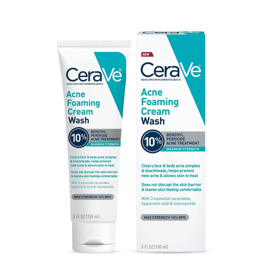 CERAVE ACNE FOAMING CREAM WASH | FACE & BODY CLEANSER WITH 10% BENZOYL PEROXIDE