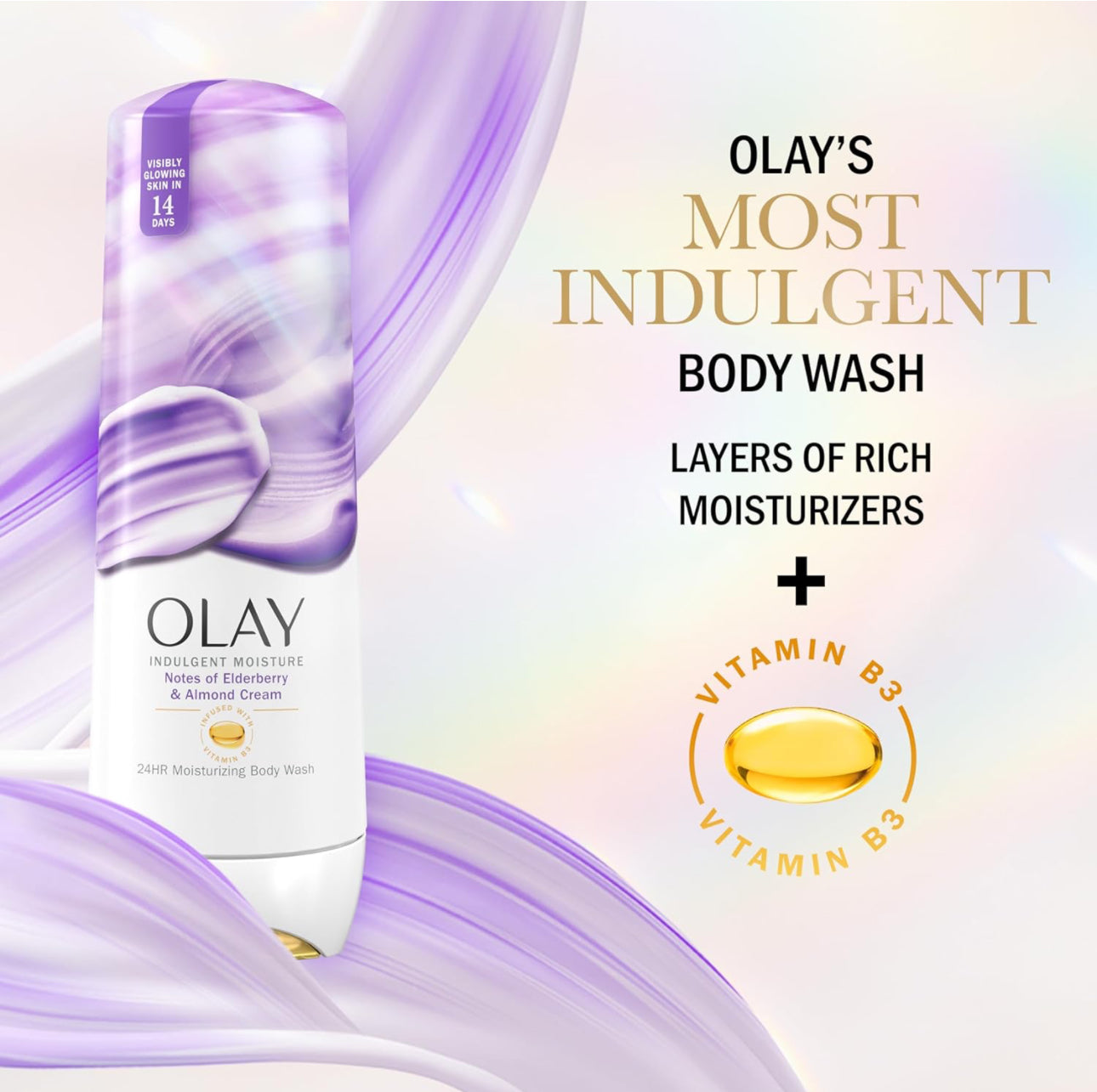 OLAY INDULGENT MOISTURE BODY WASH - VITAMIN B3, NOTES OF ELDERBERRY & ALMOND CREAM